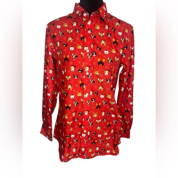 SIMON BANKS CHRISTMAS FESTIVE HOLIDAY PARTY SANTA CLAUS DOG BUTTON UP MENS SMALL - Picture 1 of 9